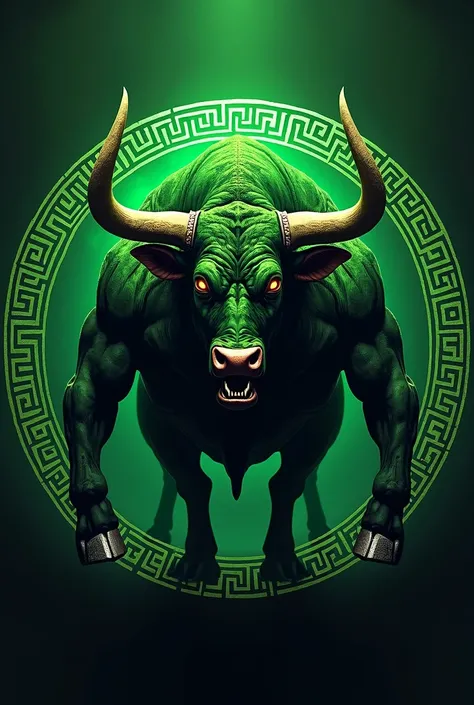 GREEN ANGRY  BULL WITH HUMAN BODY  FOR CRYPTO COIN LOGO WITH GREEK MEANDERS AROUND