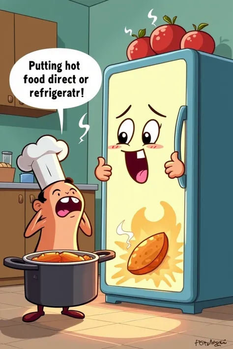 Do not put hot food in the refrigerator cartoon