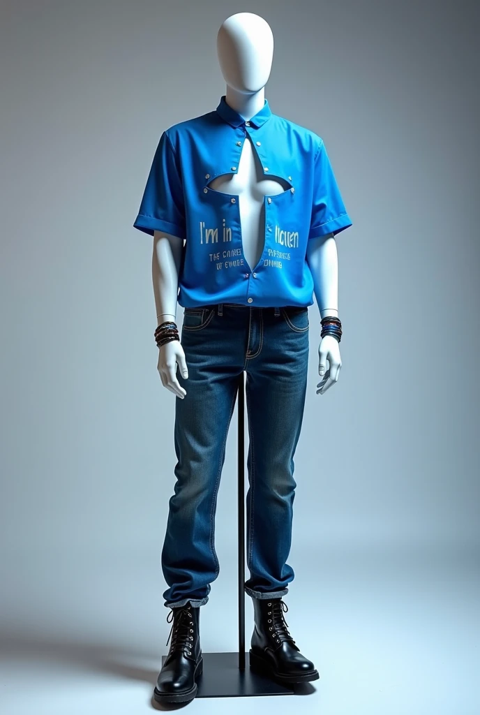  I want you to create a male K-Pop costume . I want a mannequin ,  not a person .  The costume is a blue blouse with short sleeves ,  with the cutout on the blouse saying  " Im in heaven, the center of everything".  A pair of pluz size jeans , a pair of le...