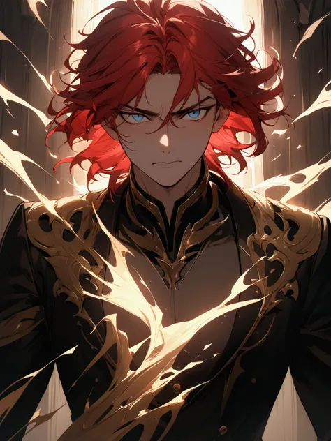 Make a tall man with blue eyes and a defined face. He has short red hair. He is an alpha from the omegaverse universe.  He has a serious and slightly grumpy expression. He is 21 years old. 