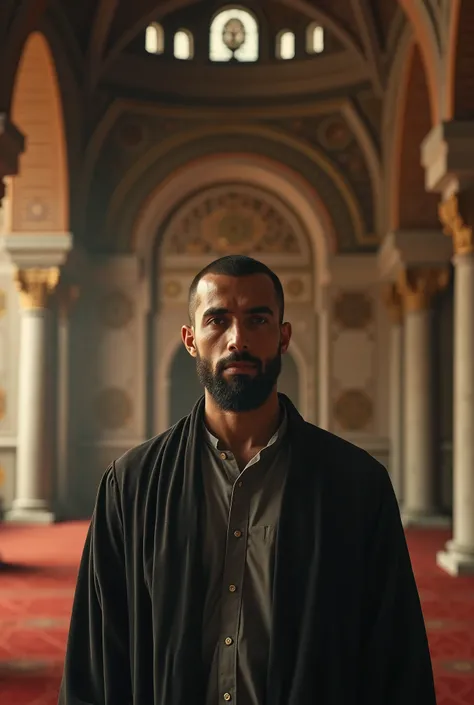 Muslim man look in the front of camera setting in the  mosque cloth and filmic lighting