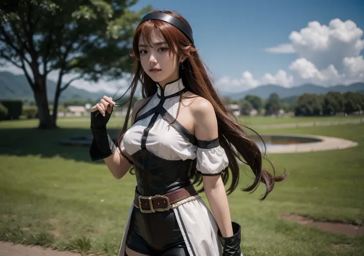 Create a realistic version of Iris from Mushoku Tensei: Jobless Reincarnation. She is a young woman with short, red hair, and striking red eyes. Iris is wearing a simple but sturdy warrior’s outfit—armor pieces on her shoulders, forearms, and legs, with a ...