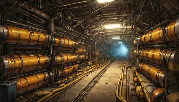 underground storage of yellow glass capsules, vertical storage, huge underground space with wires,  максимально черное темное пространство ,(( ангар корабля:1.3)), физически обоснованный рендер