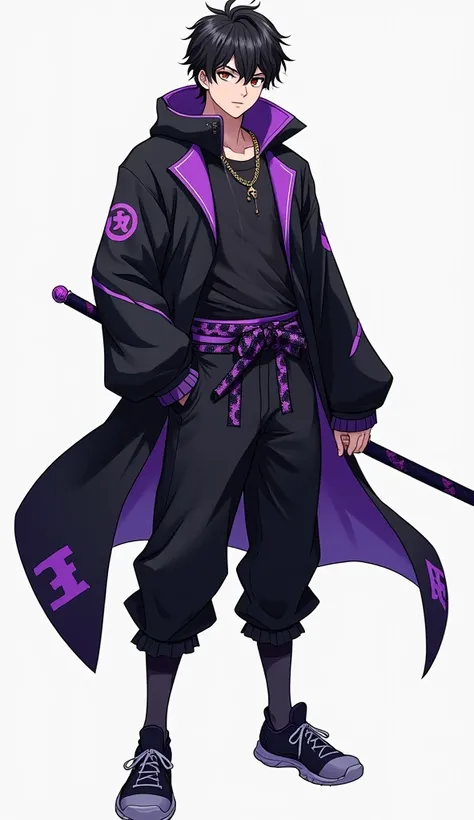  male character , youthful, muscular, very masculine appearance ,  friendly but masculine face, anime,  full body , modern samurai ,  his outfit is a mix between samurai and modern clothing from 2024, tennis shoes,  anime style,  with black attire and purp...