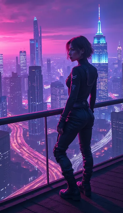 Neon Cyberpunk Cityscape: Design a T-shirt with an cyberpunk woman,wavy hair bobbed and shaved on one side, bobbed character standing on a rooftop,
overlooking a neon-lit cyberpunk city. The colors are vibrant with a mix of purple, blue, and pink.
The char...