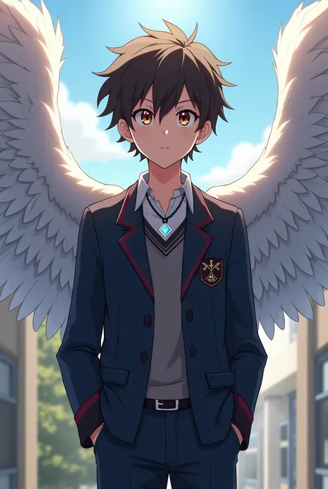 I want to create a seventeen-year-old boy with light brown eyes black hair with THE UNIFORM OF THE UA would be Cundaria a necklace with a diamond in the center.  And hes studying at UA High School With white wings      