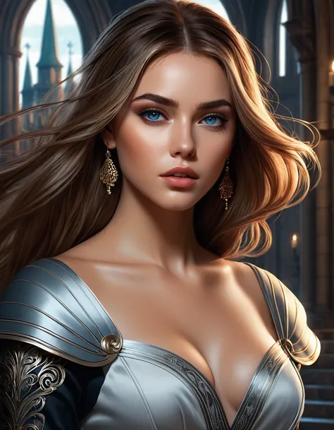 concept art, a masterpiece of artistic digital painting, . in as much detail as possible, the style of the masterpiece from Artgerm, WHEELOOP , Rutkowski, Monge is ultra-realistic, 2D,  3D girl with blue eyes ,  brown long hair ,  in black modern fashionab...