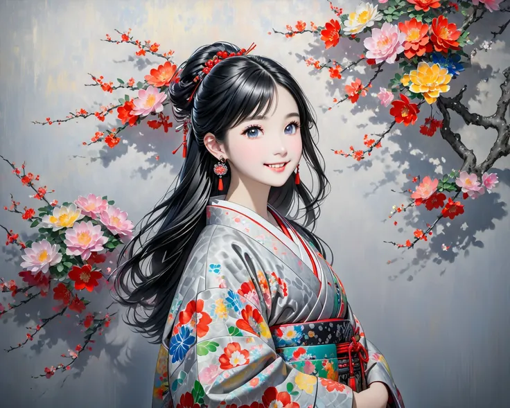 this is a painting of a charming Japanese girl with silver earrings, 1girl, solo, black eyes, earrings, ((looking at viewer)), (smile), heart earrings, long hair, black hair, ((gray kimono)), simple background, vibrant colors, highly detailed, best quality...