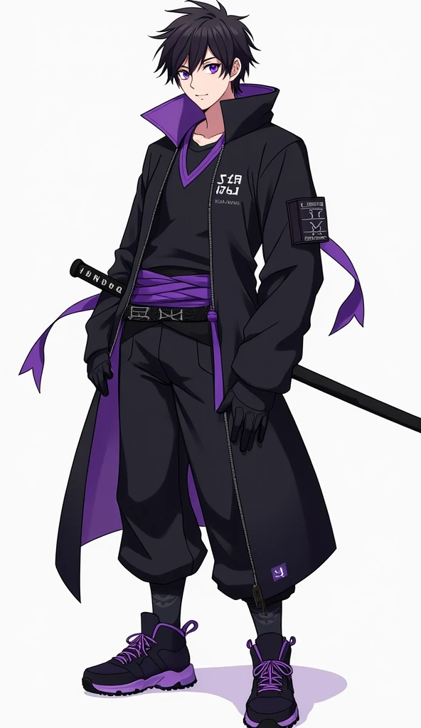  male character , youthful, muscular, very masculine appearance ,  friendly but masculine face, anime,  full body , modern samurai ,  his outfit is a mix between samurai and modern clothing from 2024, tennis shoes,  anime style,  with black attire and purp...