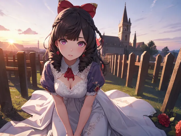 Solo, 1 girl, (human ear, earring), (flat chest), (black hair, vertical rolls, long hair, hair tied in a big red ribbon, flower in bangs), (face), (kneeling, crouching, hands on head, looking at camera), (wedding dress), (sunset sky, evening sun, evening s...