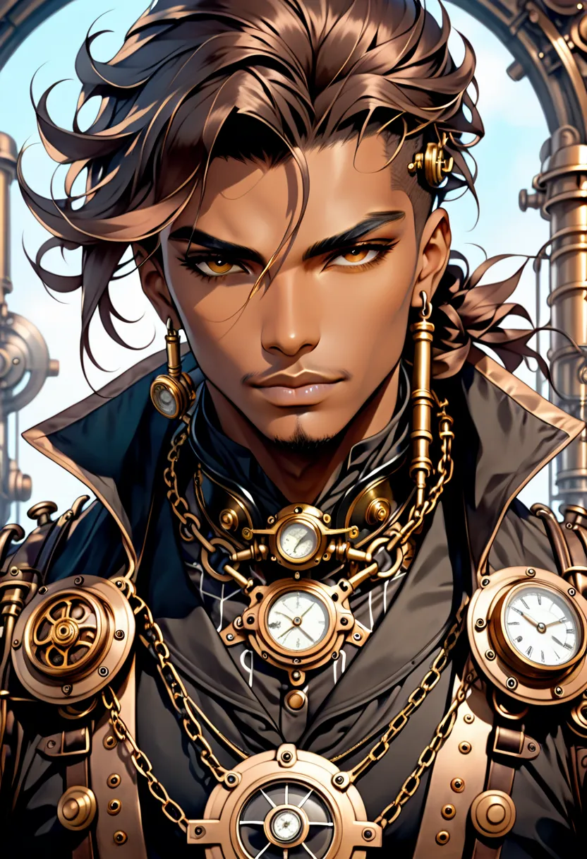 a close-up of a man with a chain around his neck,  portrait of a mechanic , like a mechanic ,  a beautiful steampunk god ,  stea...