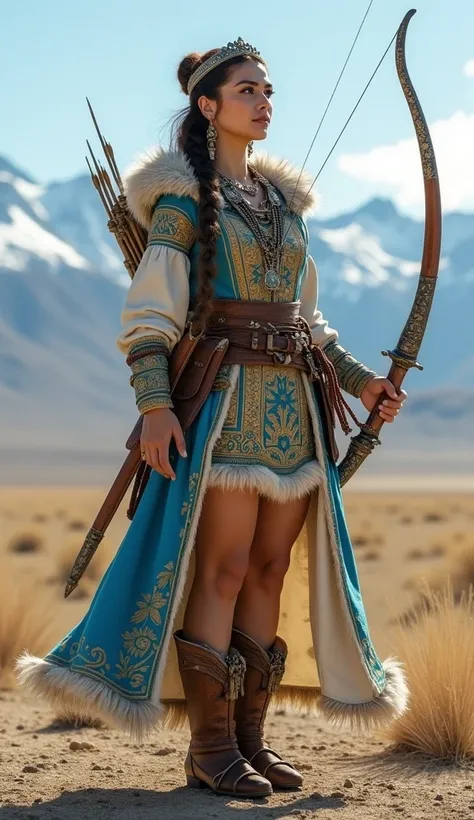 "A full-body Kazakh medieval warrior in an ultra-realistic style, representing Kazakhstan. She wears a short, stylized warrior outfit inspired by traditional Kazakh attire, incorporating intricate patterns and colors like gold, blue, and white, reflecting ...