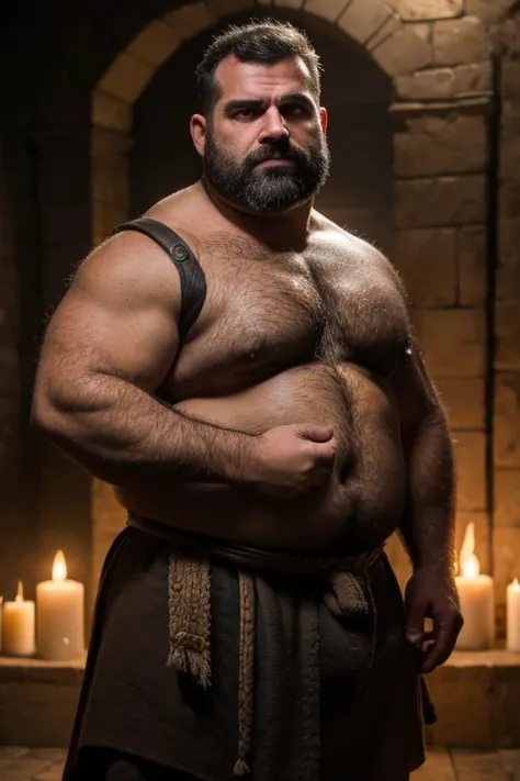 8k. hyper-realistic. high definition) . handsome chubby barbarian. scruffy face. sexy daddy. prominent cleft chin. holding a great sword covering half of his face. staring intensely at the camera. frowning. very hairy body. hirsute. dark background. dramat...