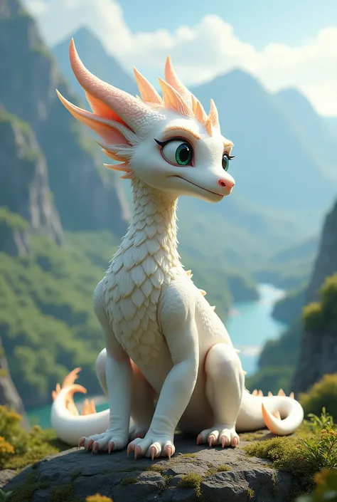 Create a white large dragon, make sure she has chest fur and scales And make her realistic, make her an teenager and disney style a little