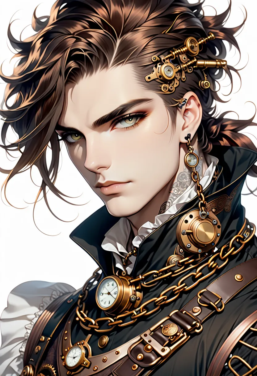 a close-up of a man with a chain around his neck,  portrait of a mechanic , like a mechanic ,  a beautiful steampunk god ,  stea...