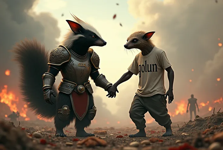  A skunk in armor , où il est écrit « AZA » dessus, Hold by the hand a pretty ugly  where is written on her T-shirt “Golum” around them where the war is taking place, Fire and blood 
