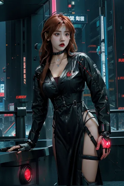  futuristic cyberpunk with brown and red gradient hair ,high-tech outfit .   wears a toska green robotic advance robe decorated with various electronic gadgets and patches, includes a striking  "sh"  symbol on the arm .  The character also wears a high-tec...