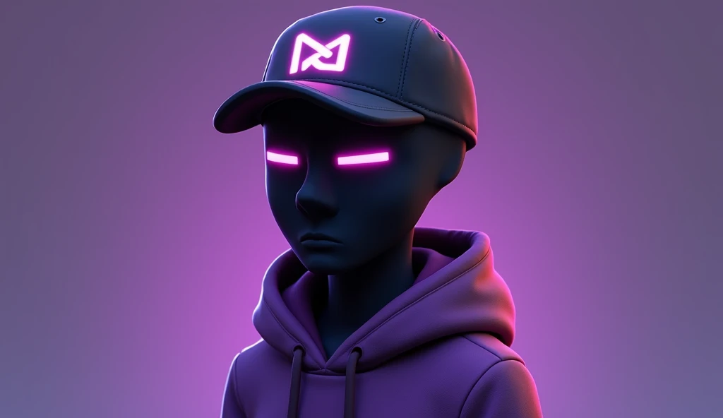 A stylized animated character resembling the example. The character has a futuristic and trendy look, wearing a black cap with a minimalist glowing logo, a purple hoodie, and a sleek black mask covering the lower half of the face. designed as a virtual hos...