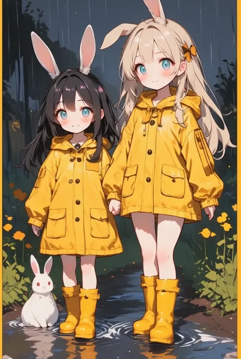 2girls, rabbit, rabbit girl, rabbit ears, multiple girls, black hair, blonde hair, blue eyes, one eye closed, closed eyes, open mouth, long hair, twintails, low twintails, blush, raincoat, boots, yellow raincoat, rubber boots, long sleeves, hood, holding h...