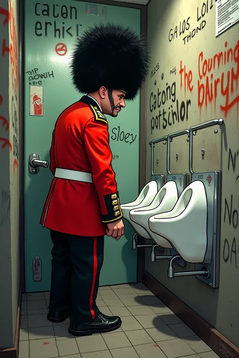 London Royal Guard ,  peeing on a public urinal , in cartoon style, Where the wall contains graffiti
