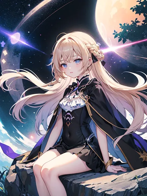   A Naked Girl in a Black Cloak Is Flying Through a Vortex,   anime fantasy artwork sitting on a rock with a full moon in the background。sitting on a rock、There is a full moon in the background。,   Anime Fantasy Illustration  ,     Soft Vitality of an Anim...