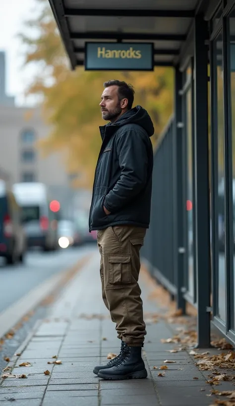 Foto RAW,  30 year old man ,  was waiting at the bus stop wearing cargo pants,wearing Ķaos training , pria seksi,  face with high detail ,  looks towards the audience,  wide angle lens , 8K UHD, SLR, light  lembut, light  +0.2EV, ( high quality , film grai...