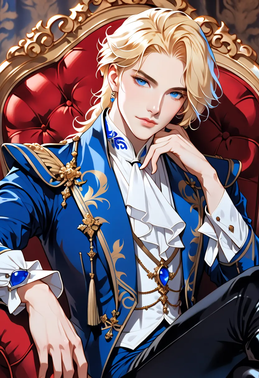 a man in a blue jacket and black pants sitting on a red chair, beautiful androgynous prince,  delicate androgynous prince ,  por...