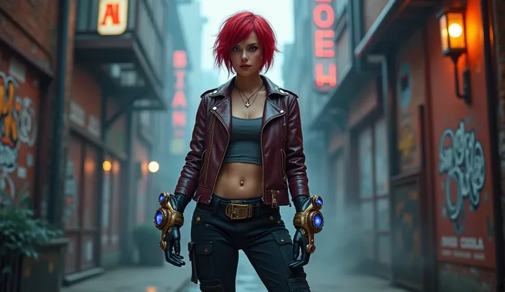 A confident young woman is dressed in a flawless cosplay of Vi from Arcane, standing in an industrial-inspired urban setting. Her short, vibrant red hair is tousled and styled with an edgy flair, perfectly replicating Vis rebellious look. She wears a leath...