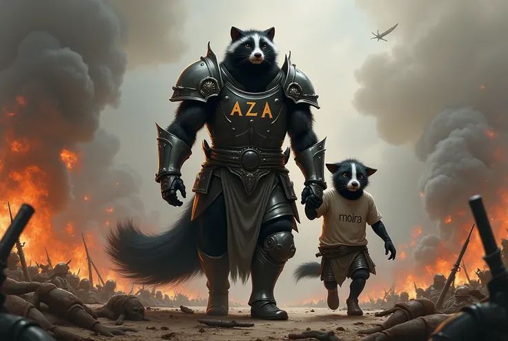 A human-sized skunk in armour, il porte une armure où est écrit « AZA » sur le torse, il tient par la main golum avec un t-shirt où est écrit « MOIRA » autour d’eux la guerre, Fire and blood 