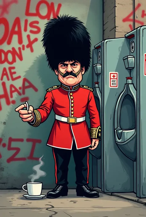 London Royal Guard ,  peeing on a public urinal, And drinking tea,  in cartoon style, Where the wall contains graffiti
