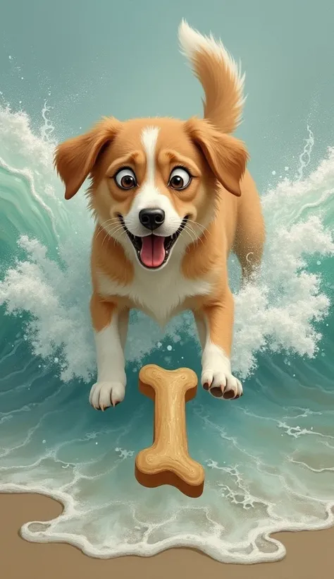 " Dog with surprised expression watching his bone fall into the water as the waves expand; classic story style ."