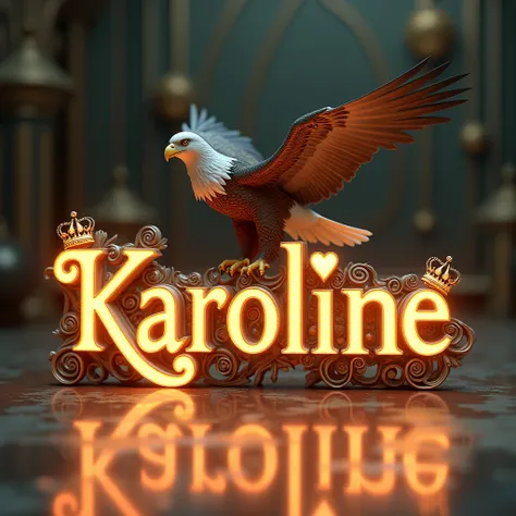 A 3D render of a captivating and enchanting scene with an eagle perched perfectly on the letter "Karoline". The letter is written in exquisite, opulent white lettering with vibrant orange peridot luminescence, featuring an elaborate font design adorned wit...