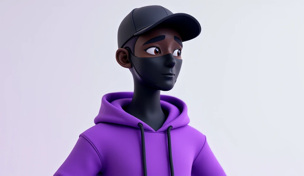 A full-body stylized animated character resembling a futuristic and trendy design. The character wears a black cap a sleek black mask covering the lower half of the face, and a vibrant purple hoodie. The character should have a slim, modern build with clea...