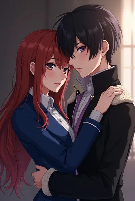  A 20-year-old Russian girl with long, reddish hair with messy bangs and gray eyes,  very attractive who wears a blue military suit like in the anime Fullmetal alchemist , And that he is hugging a very attractive 25-year-old Russian man ,  who is called Fy...