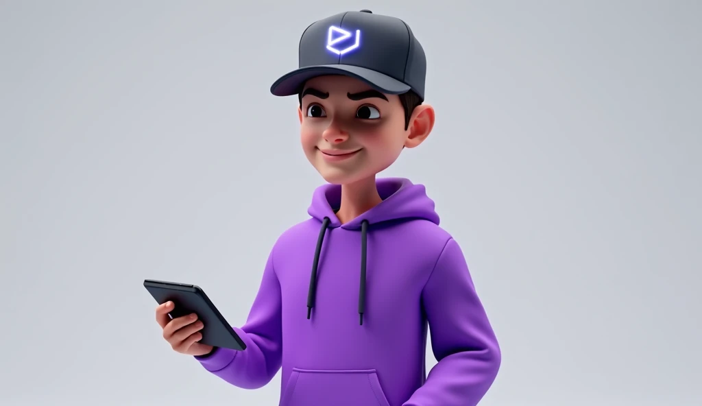 A full-body stylized animated character resembling a futuristic and trendy design. The character wears a black cap with a minimalist glowing logo, and a vibrant purple hoodie. The character should have a slim, modern build with clean, sharp lines, and a co...