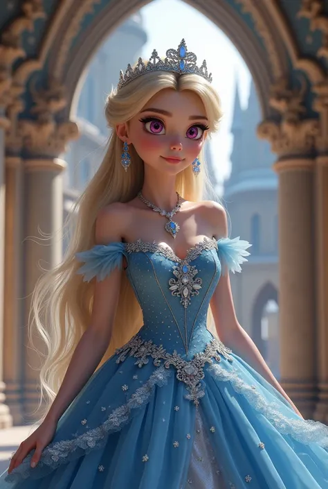 A whimsical princess with long blonde hair, magenta eyes, and pale complexion, wearing a gorgeous blue dress with silver accents, earrings, necklace, tiara, and makeup, in a castle background, detailed face, extremely detailed eyes and face, longeyelashes,...