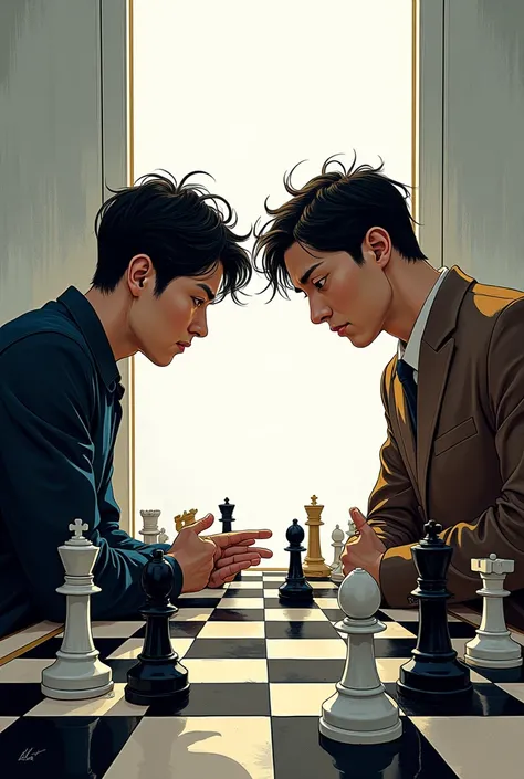  Do you know the work of the reading style  "manhwas"  the title of the work is  "checkmate " Could you draw a picture in the style of that sheet please draw 2 d please 