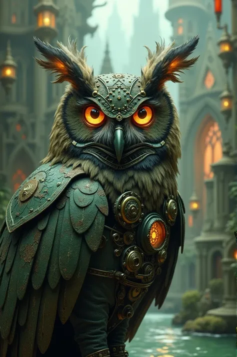 Rusty dark olive green Steampunk owl with elegant Zelda video game background 