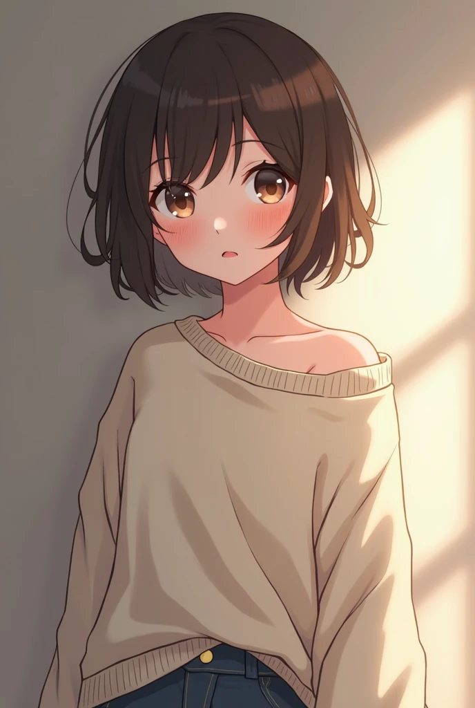 Anime girl with a tender face the sweater almost fell with a pupera or us big pants