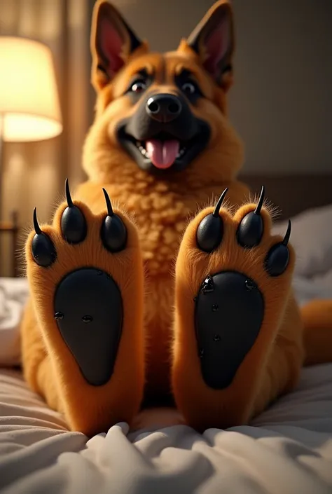 anthro, canine german shephard, 5 toes, big feet, canine penis, claws,((black feetsoles)) sitting, on a bed, legs spread, low angle shot, playful smile, feet, showing feet, spreading her toes, plantigrade, five toes, black feetsoles, black nails, long nail...