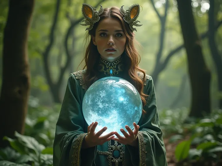 Photograph of a woman in a costume holding a giant crystal planet Earth. The background of the photograph is a forest 