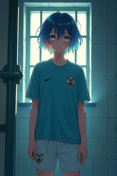 anime boy, teen, soccer uniform, diamante,  locks of hair, multicolored eyes , Asylum room, fullbody Asylum