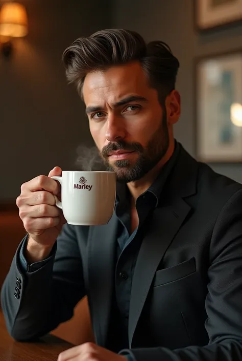 Handsome man in a suit drinking a medium Marley coffee