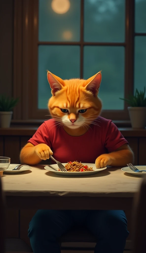 A heartfelt scene in a dimly lit dining room where an orange muscular cat wearing red shirt and blue pant alone sits at the dining table, eating his meal in silence. tears in eyesHis eyes are glazed with sorrow as he looks down at his plate. 