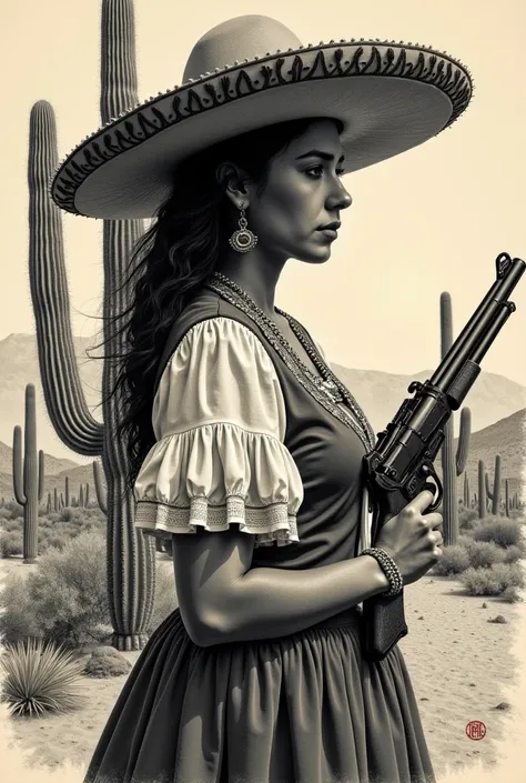 Katrina in Mexican dress in profile only from the bust up with a Mexican sombrero and gun in the desert with cacti artistic drawing tattoo drawing pencil drawing Las Soldaderas