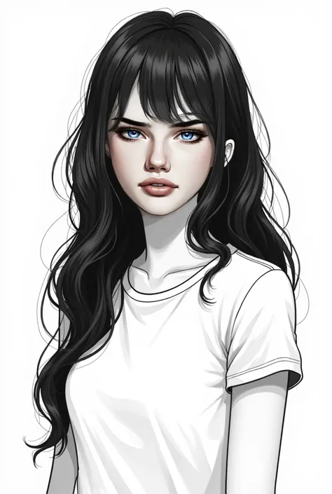  Realistic black and white line line image. Young white woman, beautiful, long black fringed hair ,  discreet smile, white t-shirt with collar .