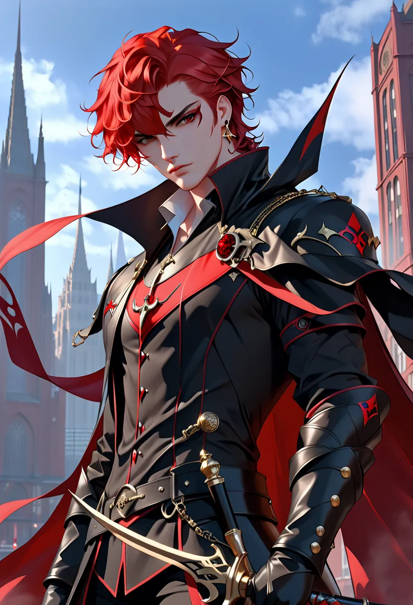 a man with red hair and a red cape standing in front of a city,  handsome man in demon hunter art , from yang j, badass anime 8 ...