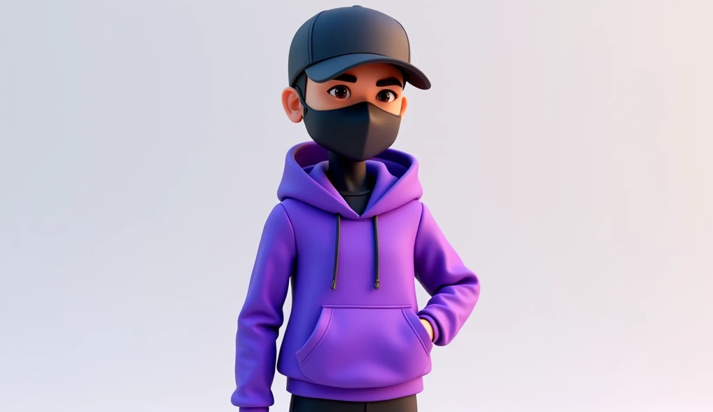 A full-body stylized animated character resembling a futuristic and trendy design. The character wears a black cap a sleek black mask covering the lower half of the face, and a vibrant purple hoodie. The character should have a slim, modern build with clea...