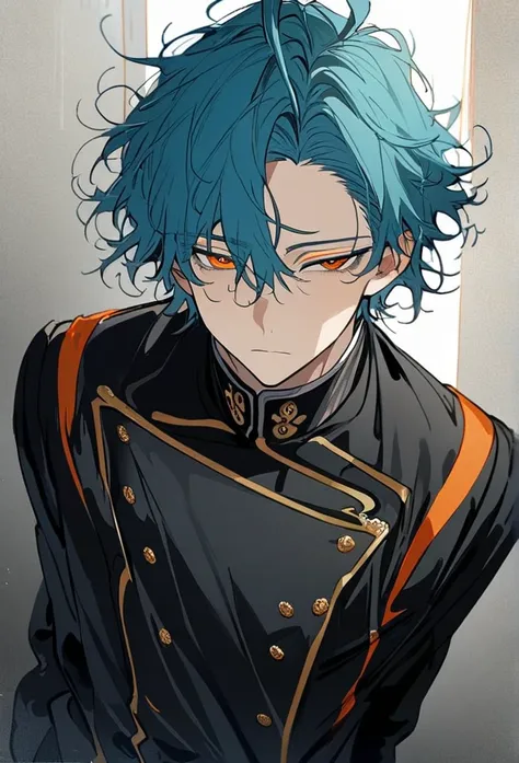 1 boy, Handsome, Turquoise hair, orange eyes, black cloth, handsome, wearing uniform, orange eye liner, arrogant, detailed, young boy, ahoge, messy hair, very messy hair, short hair, half closed eyes