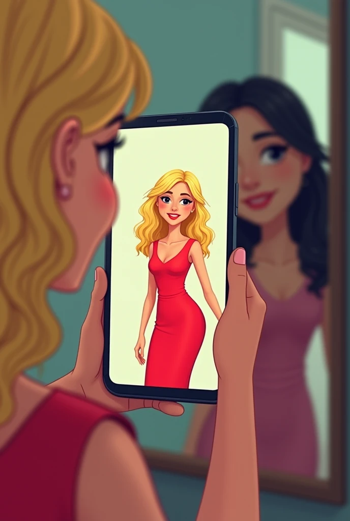  a cell phone opened on Instagram with a photo of a blonde girl "beautiful" In a red dress . And in the background another girl with an ordinary ,  black hair buying herself in the mirror thinking she is fat ,  in Cartoon style and focusing on the cell pho...